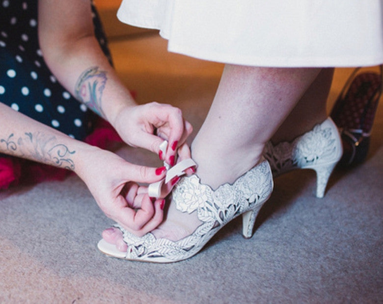 Becca wears Peony Low Harriet Wilde Wedding Shoes