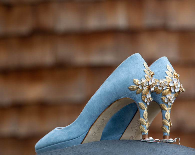 Carly wears Amy Mid Blue Blossom