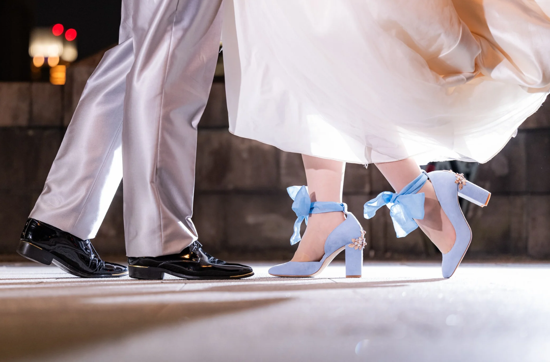 Anna Wears Hetty Blue Organza with Blossom Small Rose Gold