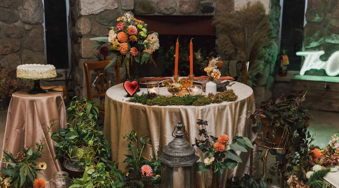 Emma wears Hetty Forest Green with Rose Gold Blossom