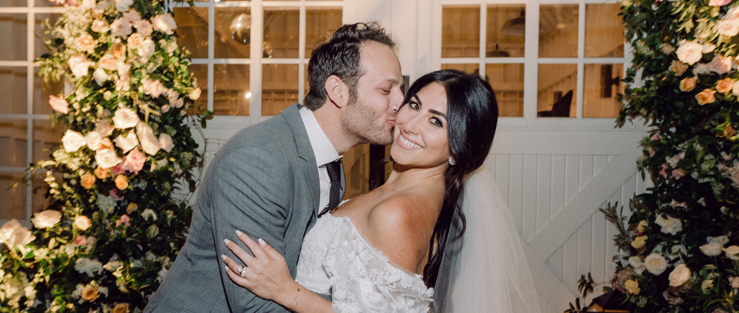 Paige wears Arabella Block Blue Blossom Rose Gold