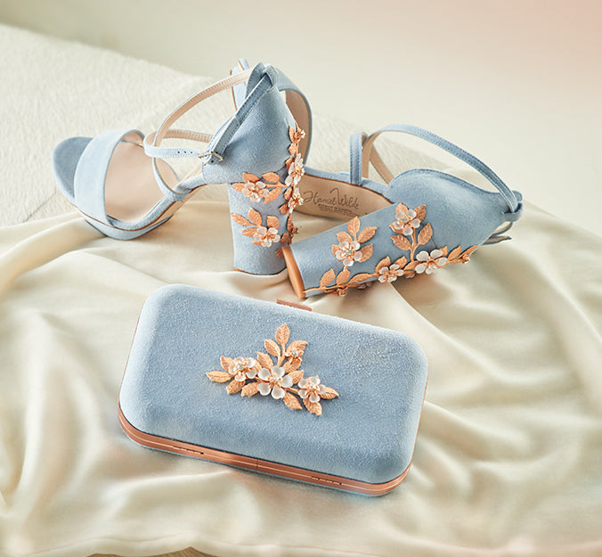 Blue and Rose Gold Bridal shoes and clutches