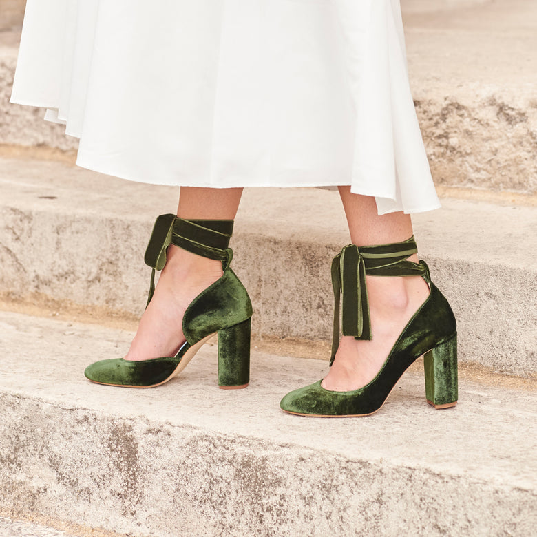 Block Heel Wedding Shoes - Hetty Forest Green Velvet Block Heel Bridal Shoes Harriet Wilde Block Heel Wedding Shoes - Hetty Forest Green Velvet Block Heel Bridal Shoes Harriet Wilde