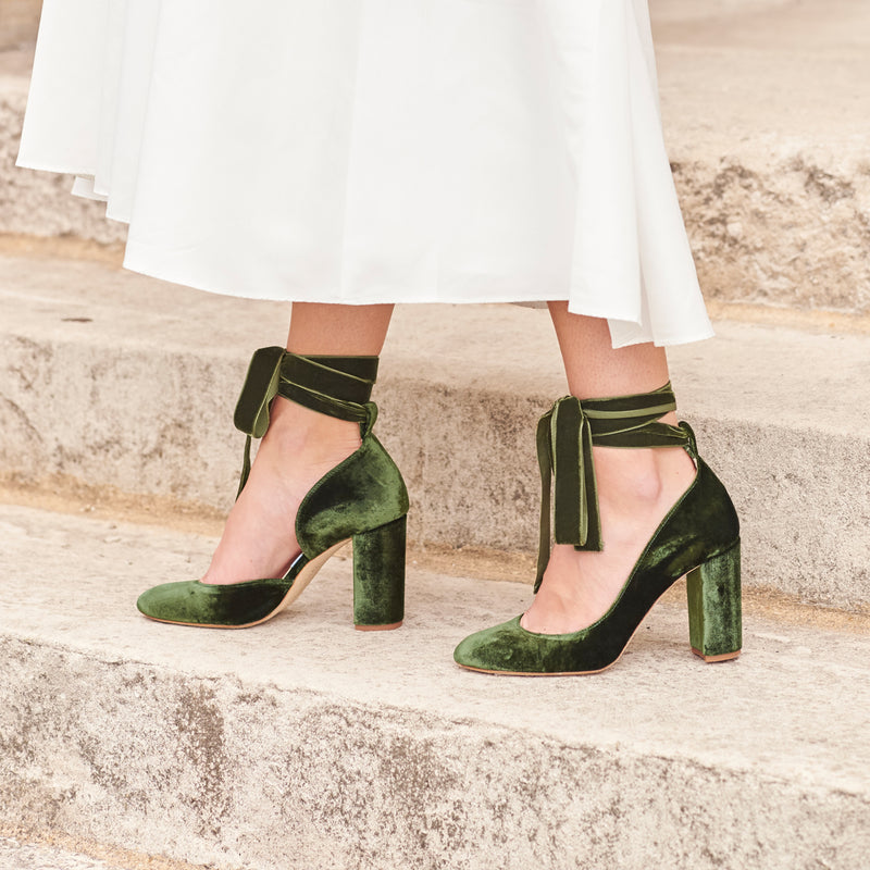 Havana Leather Block Heels in Forest Green | Hannahs