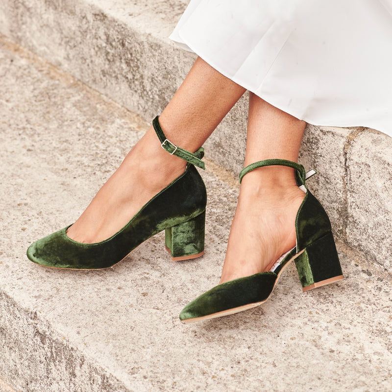 Mid Block Heel Wedding Shoes Hetty Forest Green Velvet Medium Block Heel Bridal Shoes Harriet Wilde Wedding Shoes