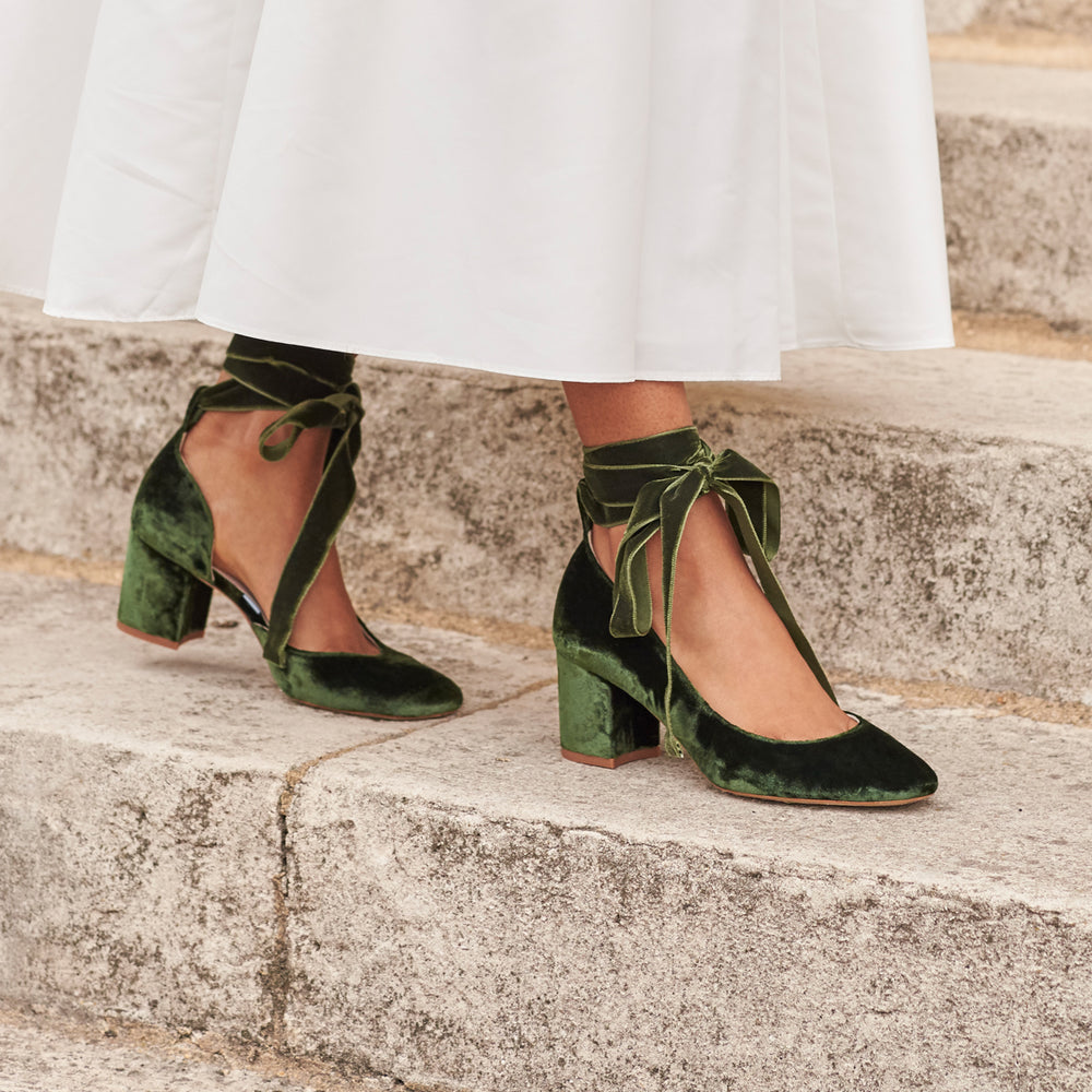 Mid Block Heel Wedding Shoes Hetty Forest Green Velvet Medium