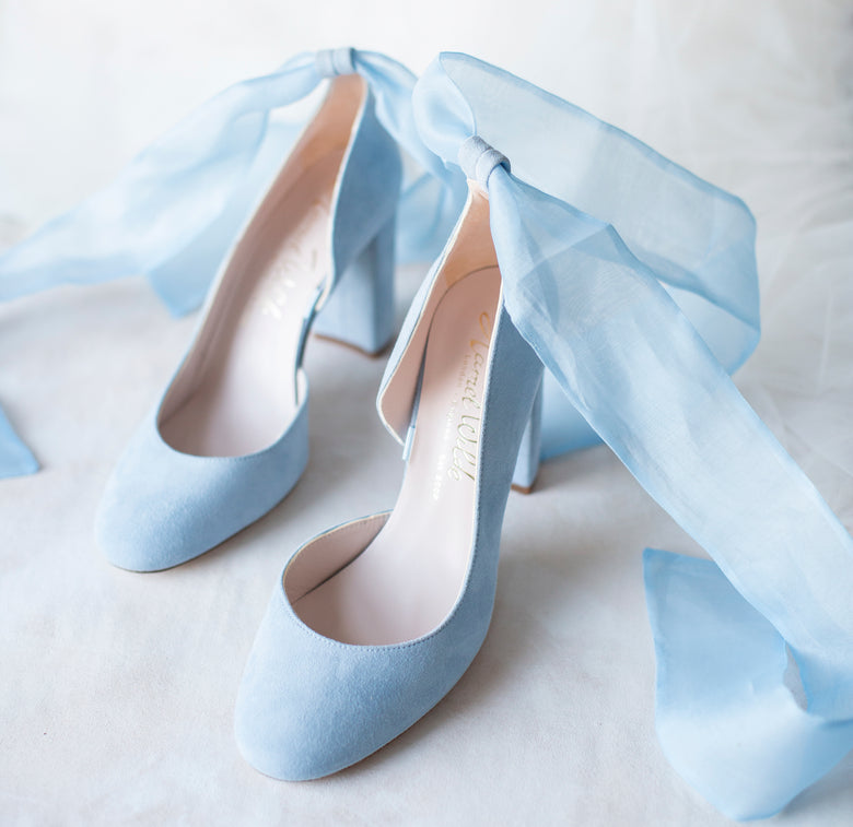 Harriet Wilde Hetty Wedding Shoes with Organza Bow & Ankle Strap - Suede - Blue Harriet Wilde Hetty Wedding Shoes with Organza Bow & Ankle Strap - Suede - Blue