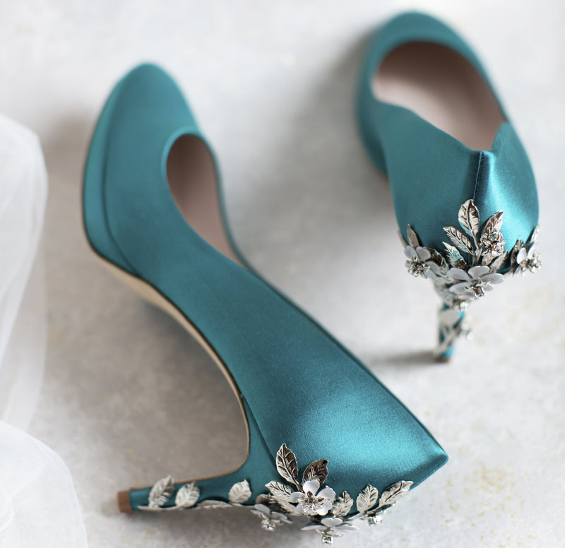 Teal Blue Pearl wedding shoes with matching bags bride party dress High  heels platform shoes Open Toe shoe Fish Toe green blue