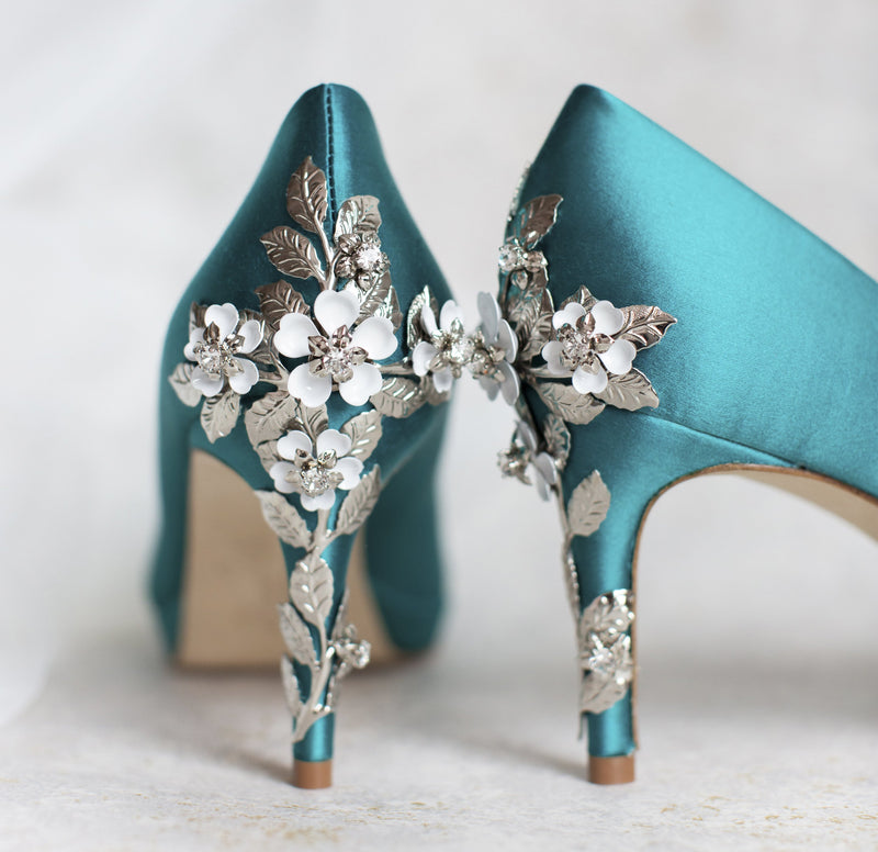 Embellished Lace Wedding Shoes, Teal Satin Embroidered Bridal Shoes - Etsy  UK | Lace bridal shoes, Wedding shoes lace, Wedding shoes
